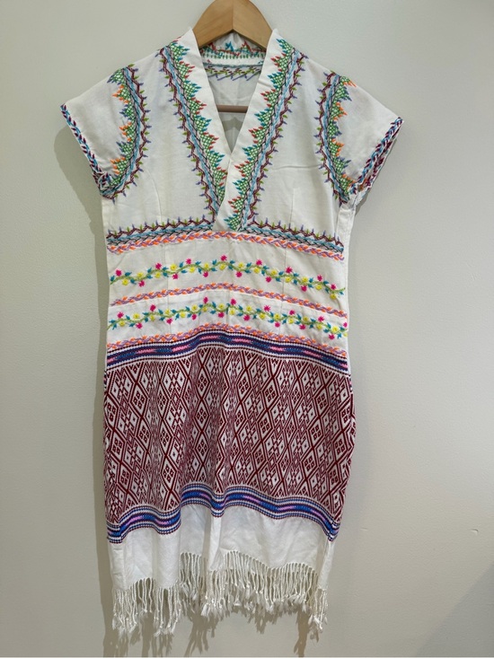 Handmade Dresses & Skirts - Hand-Embroidered White Boho Fringe Tunic Dress with Colorful Stitching small